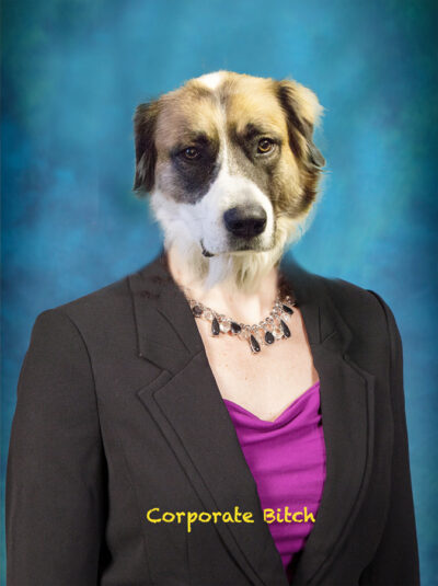 A dog head on a business woman's body