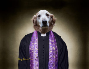 A dog head on a priest's body