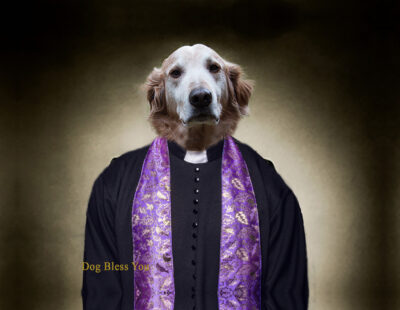 A dog head on a priest's body