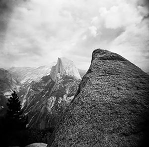 black and white image of half dome mountain in yosemite